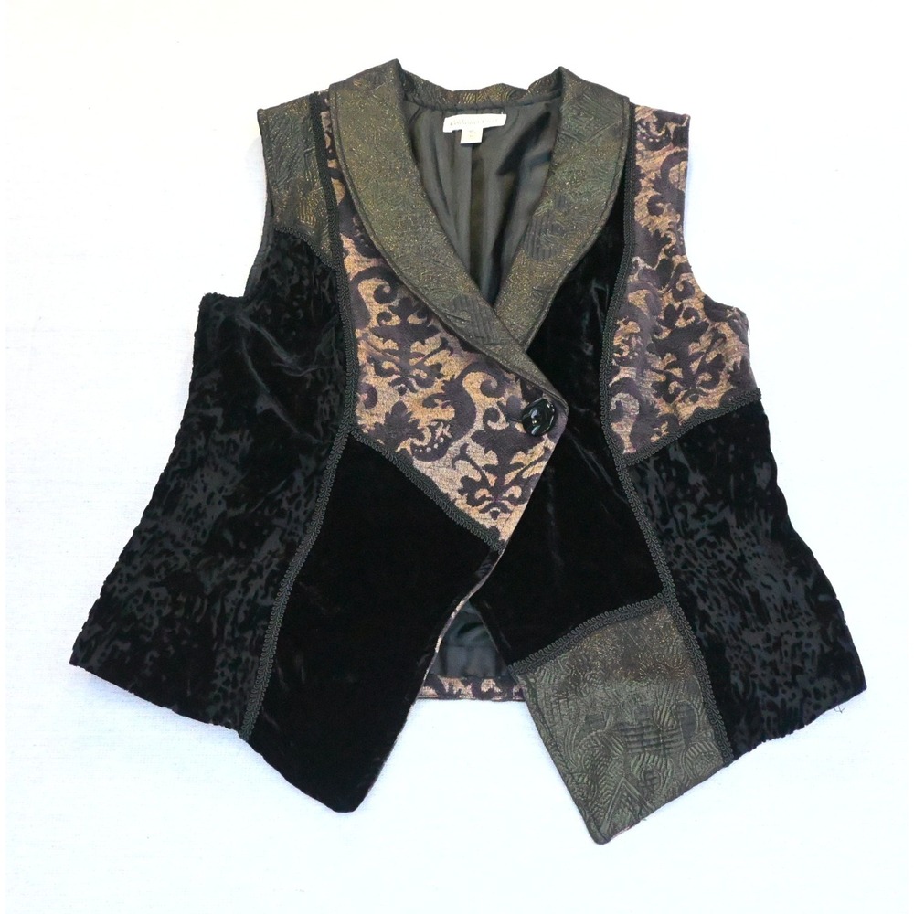 Y2K Coldwater Creek Womens M Velvet Brocade Patchwork Vest Black Shawl Collar